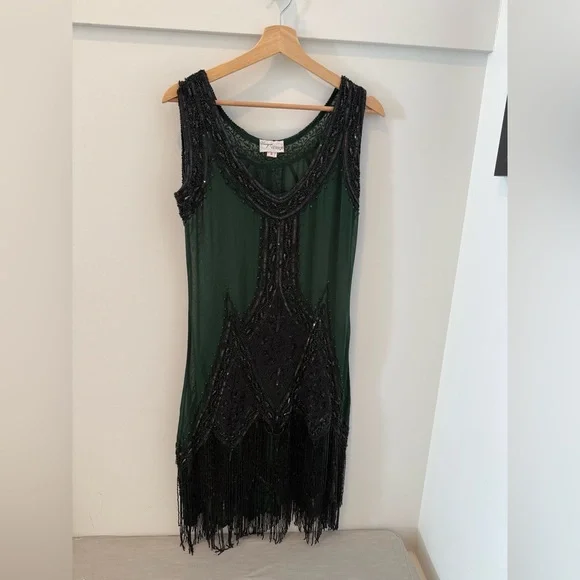 Unique Vintage Green and Black Mini Dress - Picture 3 of 5